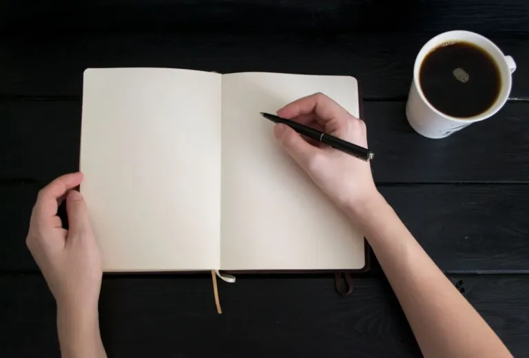 Open gratitude journal beside a cup of coffee on a sunny table